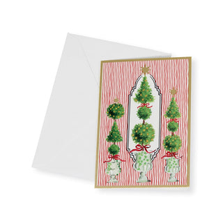 Caspari Topiaries With Red Ribbon Small Boxed Christmas Cards - includes 15 cards & envelopes 103103