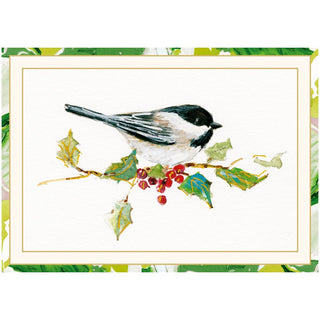 Caspari CHICKADEE AND HOLLY BRANCH CHRISTMAS CARD BOX B SIZE 15 IN 105107