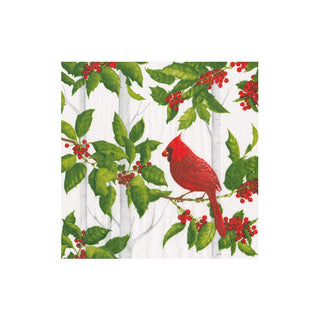 Caspari Holly And Songbirds White & Silver Boxed Cocktail Napkins - 40 Per Box 17550B