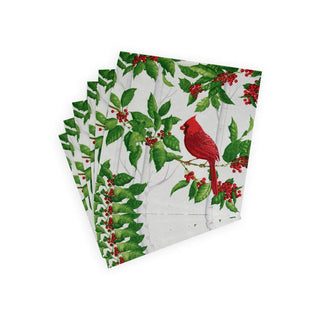 Caspari Holly And Songbirds White & Silver Luncheon Napkins - 20 Per Package 17550L