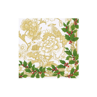 Caspari Holly Ceramic Ivory & Green Boxed Cocktail Napkins - 40 Per Box 18090B