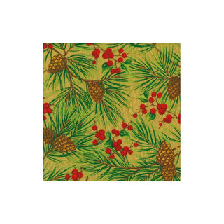 Caspari Evergreen And Berries Gold Boxed Cocktail Napkins - includes 12 Boxed Cocktail Napkins 18621B
