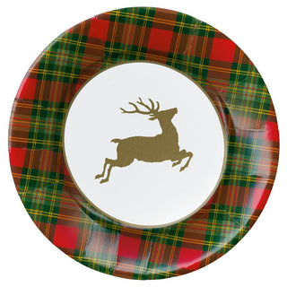 Caspari Reindeer Tartan Red Paper Dinner Plates - includes 8 Paper Dinner Plates 18630DP