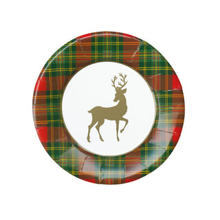 Caspari Reindeer Tartan Red Paper Salad & Dessert Plates - includes 8 Paper Salad & Dessert Plates 18630SP