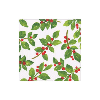 Caspari Painted Holly White Cocktail Napkins - includes 12 Cocktail Napkins 18650EC