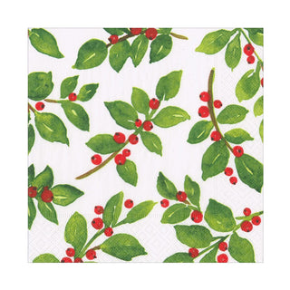 Caspari Painted Holly White Luncheon Napkins - includes 20 Luncheon Napkins 18650EL