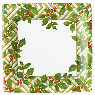 Caspari Holly And Fretwork White Square Paper Dinner Plates - includes 8 Paper Dinner Plates 18660DP