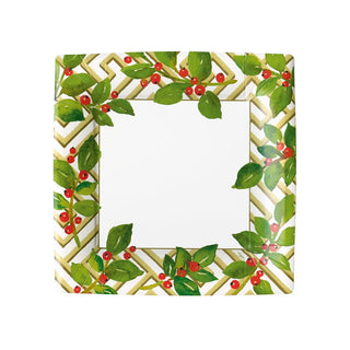 Caspari Holly And Fretwork White Square Paper Salad & Dessert Plates - includes 8 Paper Salad & Dessert Plates 18660SP
