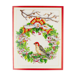 Caspari Wreath And Woodpecker Petite Boxed Christmas Cards - includes 15 cards & envelopes 88003