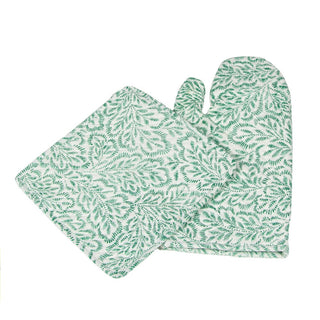 Caspari Block Print Leaves Green & White Oven Mitts And Pot Holders Set - 1 Piece Of Each OMPH007A