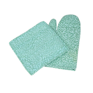 Caspari Block Print Leaves Turquoise & Green Oven Mitts And Pot Holders Set - 1 Piece Of Each OMPH007B