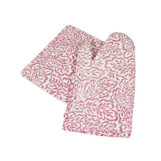 Caspari Block Print Leaves Fuchsia & White Oven Mitts And Pot Holders Set - 1 Piece Of Each OMPH008A