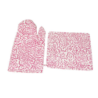 Caspari Block Print Leaves Fuchsia & White Oven Mitts And Pot Holders Set - 1 Piece Of Each OMPH008A