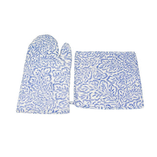 Caspari Block Print Leaves Blue & White Oven Mitts And Pot Holders Set - 1 Piece Of Each OMPH009A