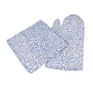 Caspari Block Print Leaves Blue & White Oven Mitts And Pot Holders Set - 1 Piece Of Each OMPH009A