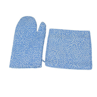 Caspari Block Print Leaves White & Blue Oven Mitts And Pot Holders Set - 1 Piece Of Each OMPH009B