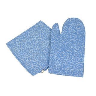 Caspari Block Print Leaves White & Blue Oven Mitts And Pot Holders Set - 1 Piece Of Each OMPH009B