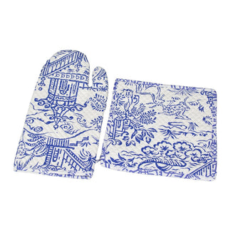 Caspari Pagoda Toile Blue & White Oven Mitts And Pot Holders Set - 1 Piece Of Each OMPH012A