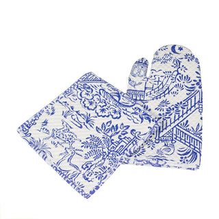 Caspari Pagoda Toile Blue & White Oven Mitts And Pot Holders Set - 1 Piece Of Each OMPH012A