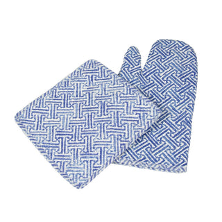 Caspari Fretwork Blue & White Oven Mitts And Pot Holders Set - 1 Piece Of Each OMPH012B
