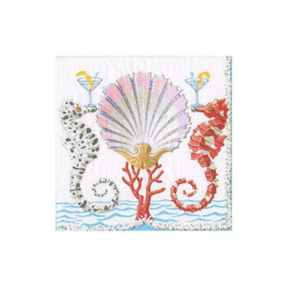 Caspari Seahorses and Shell Paper Cocktail Napkins - 20 Per Package 15870C