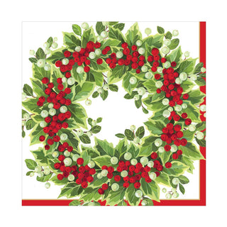 Caspari Holly and Berry Wreath Paper Luncheon Napkins - 20 Per Package 17191L