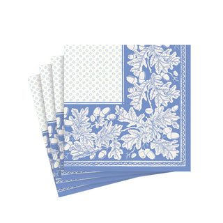 Caspari Oak Leaves & Acorns Paper Linen Cocktail Napkins in French Blue & White - 15 Per Package 17292CG