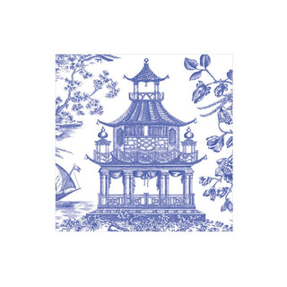 Caspari Chinoiserie Toile Pagoda Boxed Cocktail Napkins in Blue - 40 Per Box 17510B