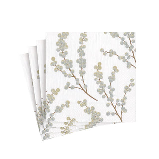 Caspari Berry Branches Paper Cocktail Napkins in White & Silver - 20 Per Package 5725C