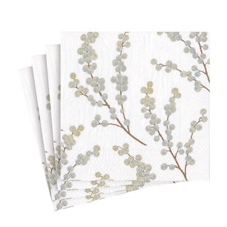 Caspari Berry Branches Paper Luncheon Napkins in White & Silver - 20 Per Package 5725L