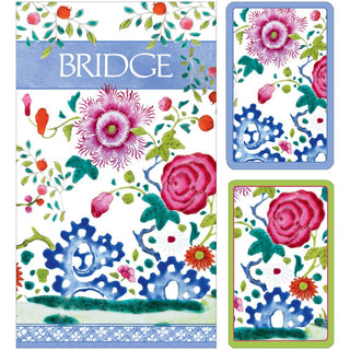 Caspari Floral Porcelain Large Type BridgeGift Sets - 2 Playing Card Decks & 2 Score Pads GS151J