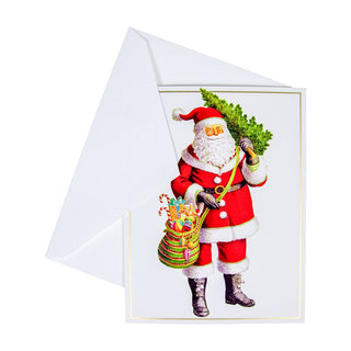 Caspari Santa With Tree Boxed Christmas Cards - 15 Cards and 15 Envelopes 100226
