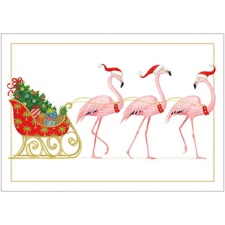 Caspari Flamingos And Sleigh Boxed Christmas Cards - 16 Cards & 16 Envelopes 102113