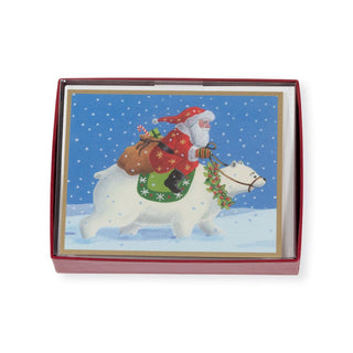 Caspari Santa Riding A Polar Bear Mini Boxed Christmas Cards - 16 Christmas Cards & 16 Envelopes 103015