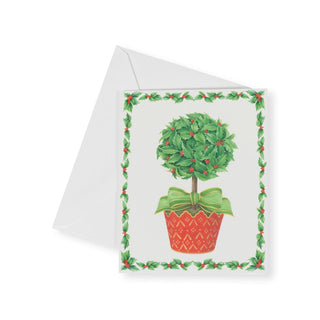 Caspari Holly Topiary In Red Pot Mini Boxed Christmas Cards - 16 Christmas Cards & 16 Envelopes 103019