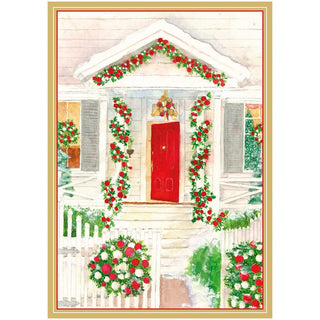 Caspari House With Wreaths On Fence Small Boxed Christmas Cards - 16 Christmas Cards & 16 Envelopes 103111