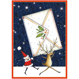 Caspari Santa And Reindeer With Envelope Small Boxed Christmas Cards - 16 Christmas Cards & 16 Envelopes 103117