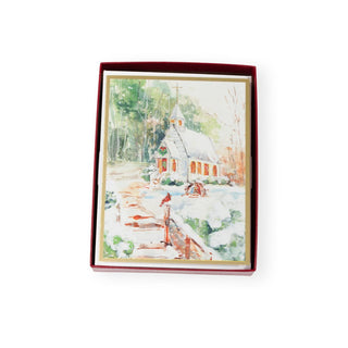 Caspari Peaceful Church In Snow Boxed Christmas Cards - 16 Christmas Cards & 16 Envelopes 103206