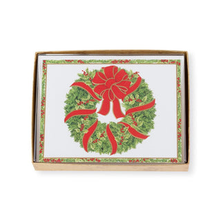 Caspari Evergreen Wreath With Red Ribbon Foil Boxed Christmas Cards - 10 Christmas Cards & 10 Envelopes 103232