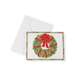 Caspari Evergreen Wreath With Red Ribbon Foil Boxed Christmas Cards - 10 Christmas Cards & 10 Envelopes 103232