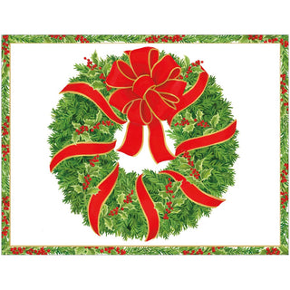 Caspari Evergreen Wreath with Red Ribbon Foil Classic Boxed Christmas Cards - includes 10 cards & envelopes 103232