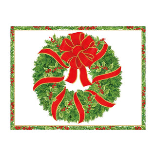 Caspari Evergreen Wreath with Red Ribbon Foil Classic Boxed Christmas Cards - includes 10 cards & envelopes 103232