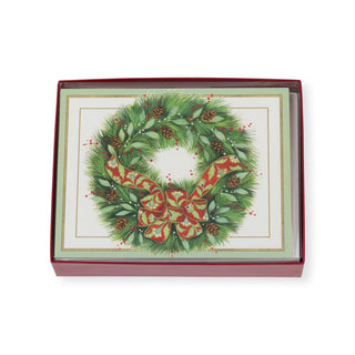 Caspari Greenery And Pinecone Wreath Large Boxed Christmas Cards - 16 Christmas Cards & 16 Envelopes 103301