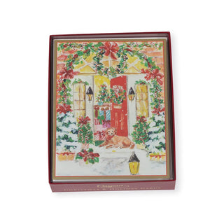 Caspari Decorated Front Door With Dog Large Boxed Christmas Cards - 16 Christmas Cards & 16 Envelopes 103302