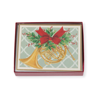 Caspari French Horn With Swag Large Boxed Christmas Cards - 16 Christmas Cards & 16 Envelopes 103309