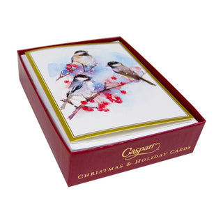 Caspari Chickadees And Berry Branches A-Size Boxed Christmas Cards - 15 Cards And Envelopes 104007