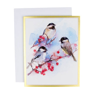 Caspari Chickadees And Berry Branches A-Size Boxed Christmas Cards - 15 Cards And Envelopes 104007