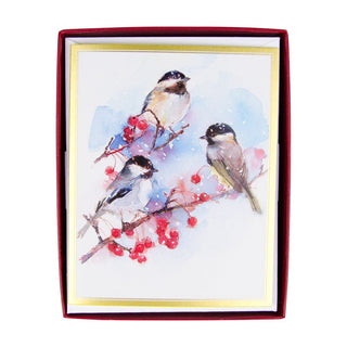 Caspari Chickadees And Berry Branches A-Size Boxed Christmas Cards - 15 Cards And Envelopes 104007