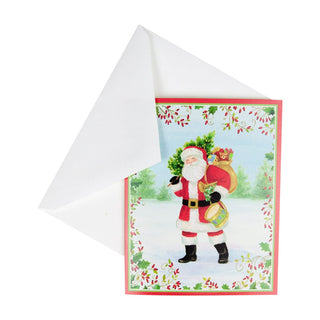 Caspari Santa With Botanical Border A-Size Boxed Christmas Cards - 15 Cards And Envelopes 104011