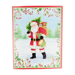 Caspari Santa With Botanical Border A-Size Boxed Christmas Cards - 15 Cards And Envelopes 104011